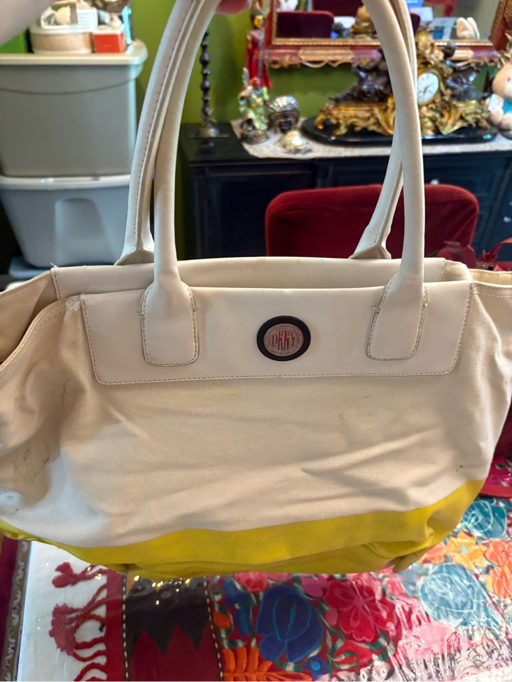 Large DKNY Cream and Yellow Canvas Tote Bag